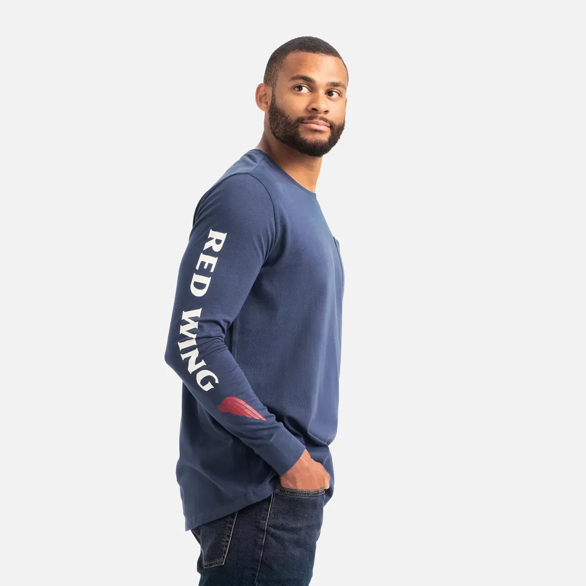Long Sleeve Pocket T-Shirt with Sleeve Print Men's Long Sleeve T-Shirt in Navy